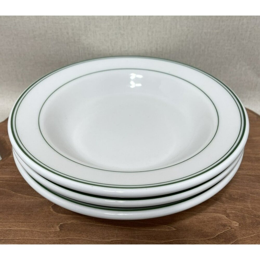 SOLD do not buy Homer Laughlin Bowl Set 4 White Green Stripe 9 In Wide Rimmed